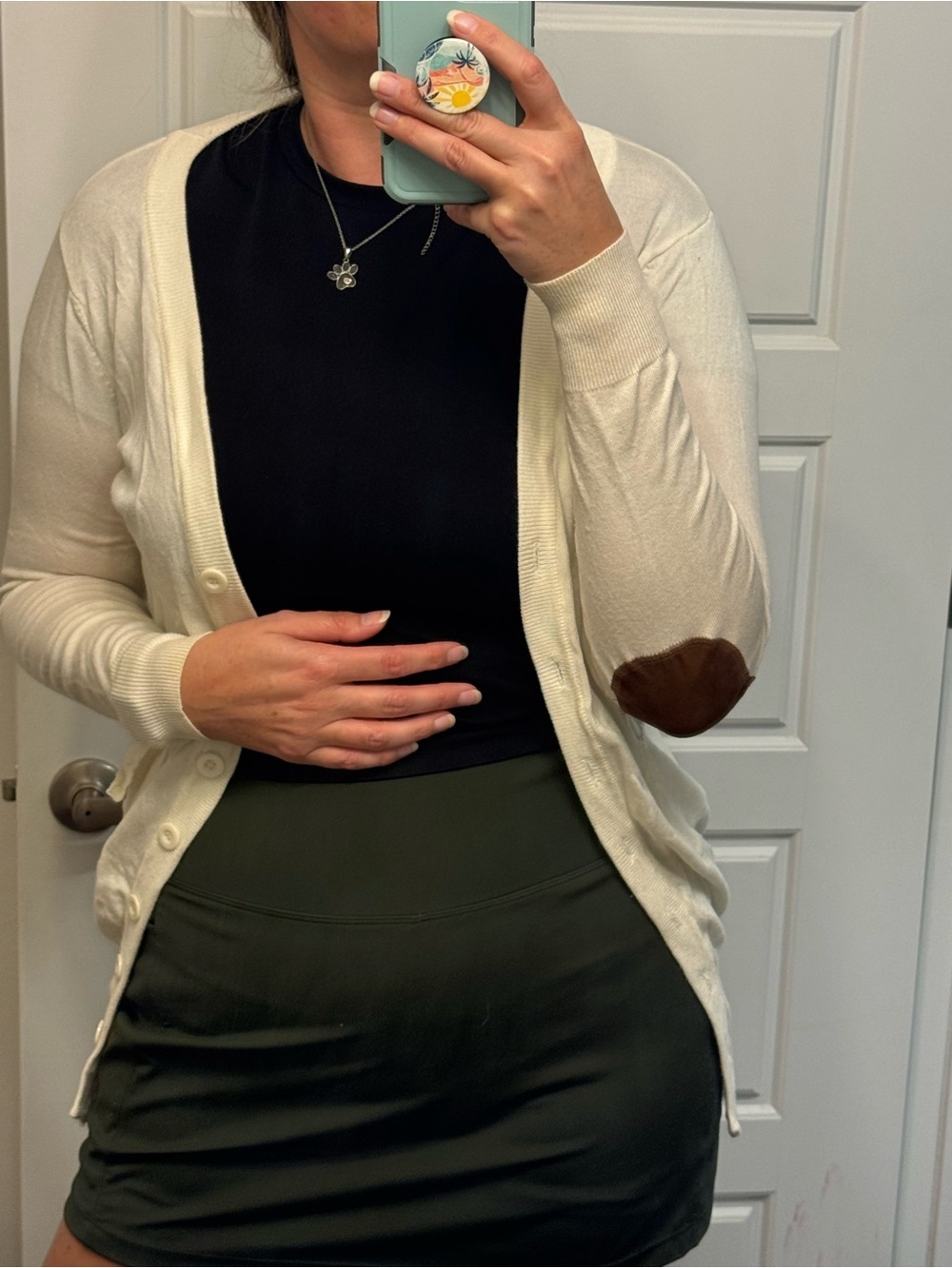 Tobi Cream Cardigan with Brown Elbow Patches